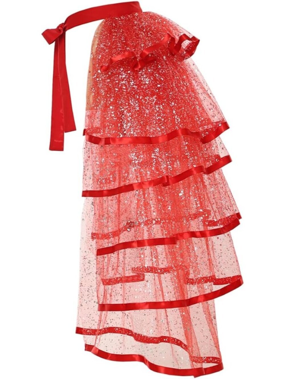 Women's Red With Silver Foil 6 Layer Tie Belt Sequin Tulle Tutu Bustle Skirts